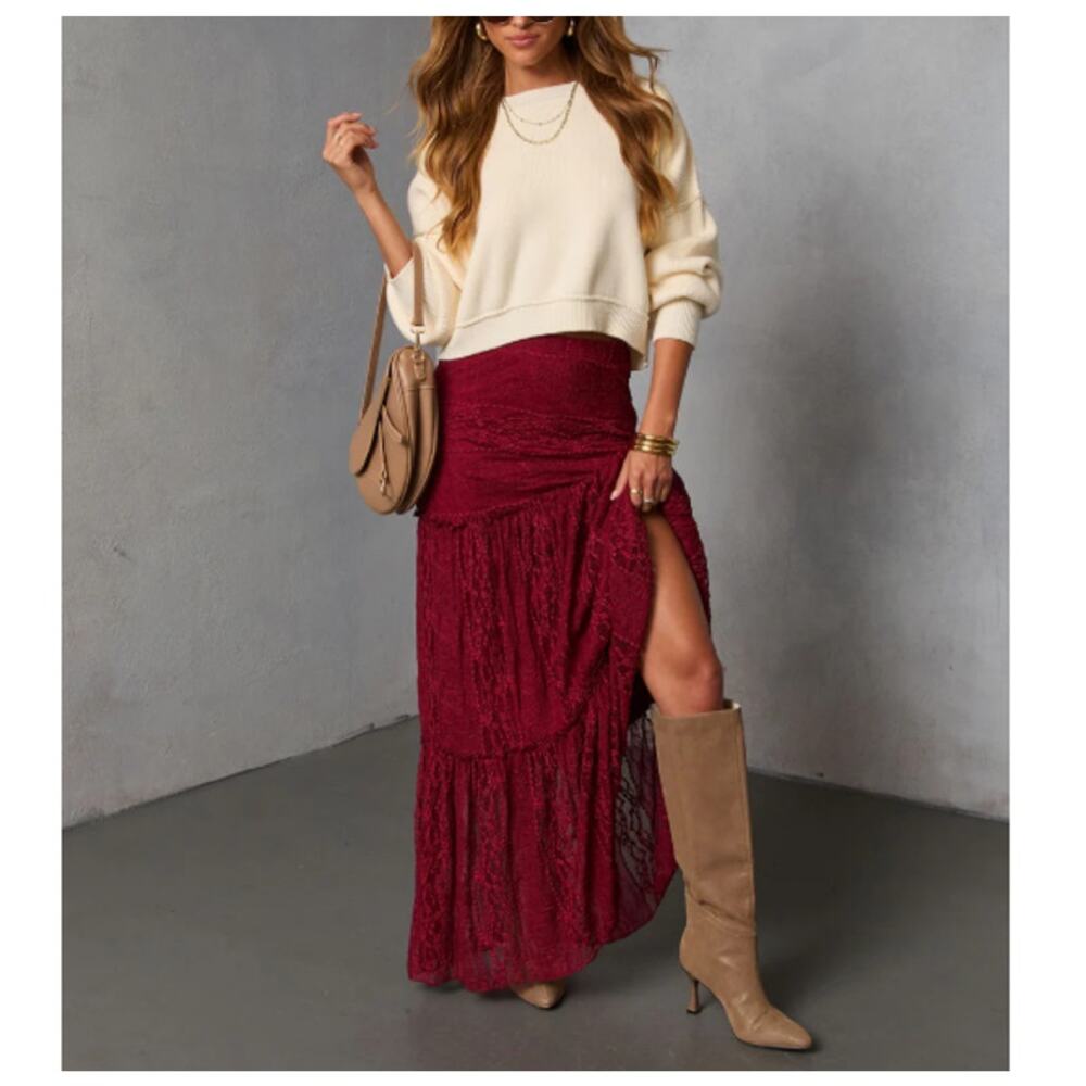 VICI Collection Women's Burgundy Alene Lace Maxi Skirt Size M - Picture 11 of 11